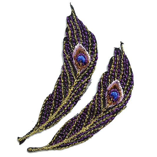 Peacock Feather Medium Metallic Purple Combo Embroidered Iron On Patches