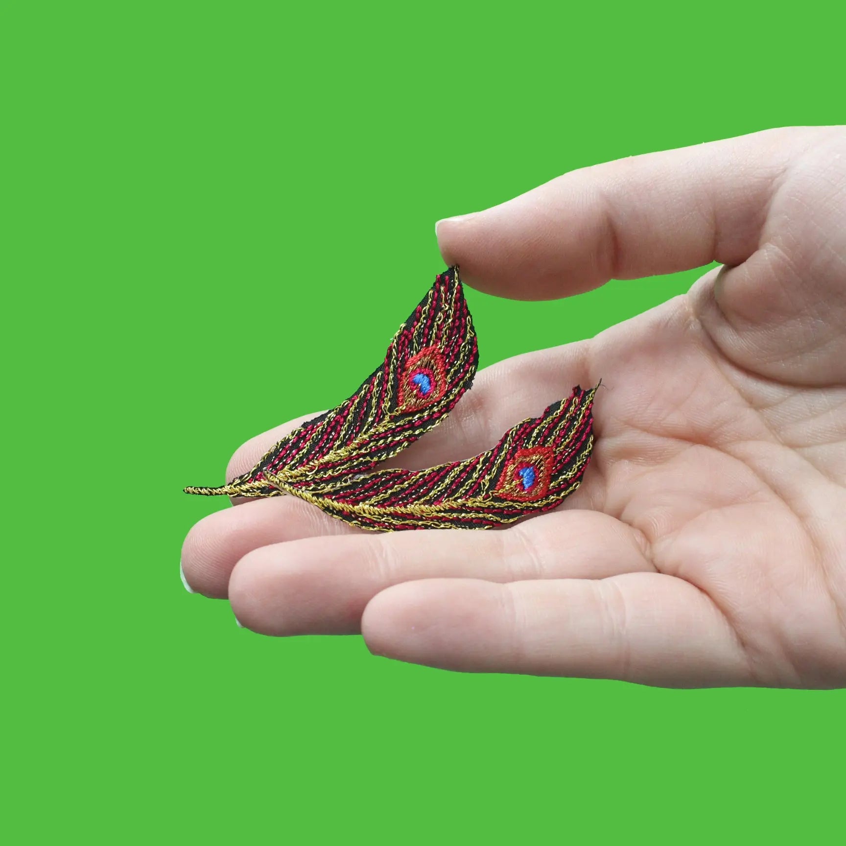 Peacock Feather Medium Metallic Red Combo Embroidered Iron On Patches