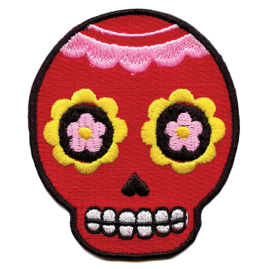 Red Floral Sugar Skull Iron On Embroidered Patch