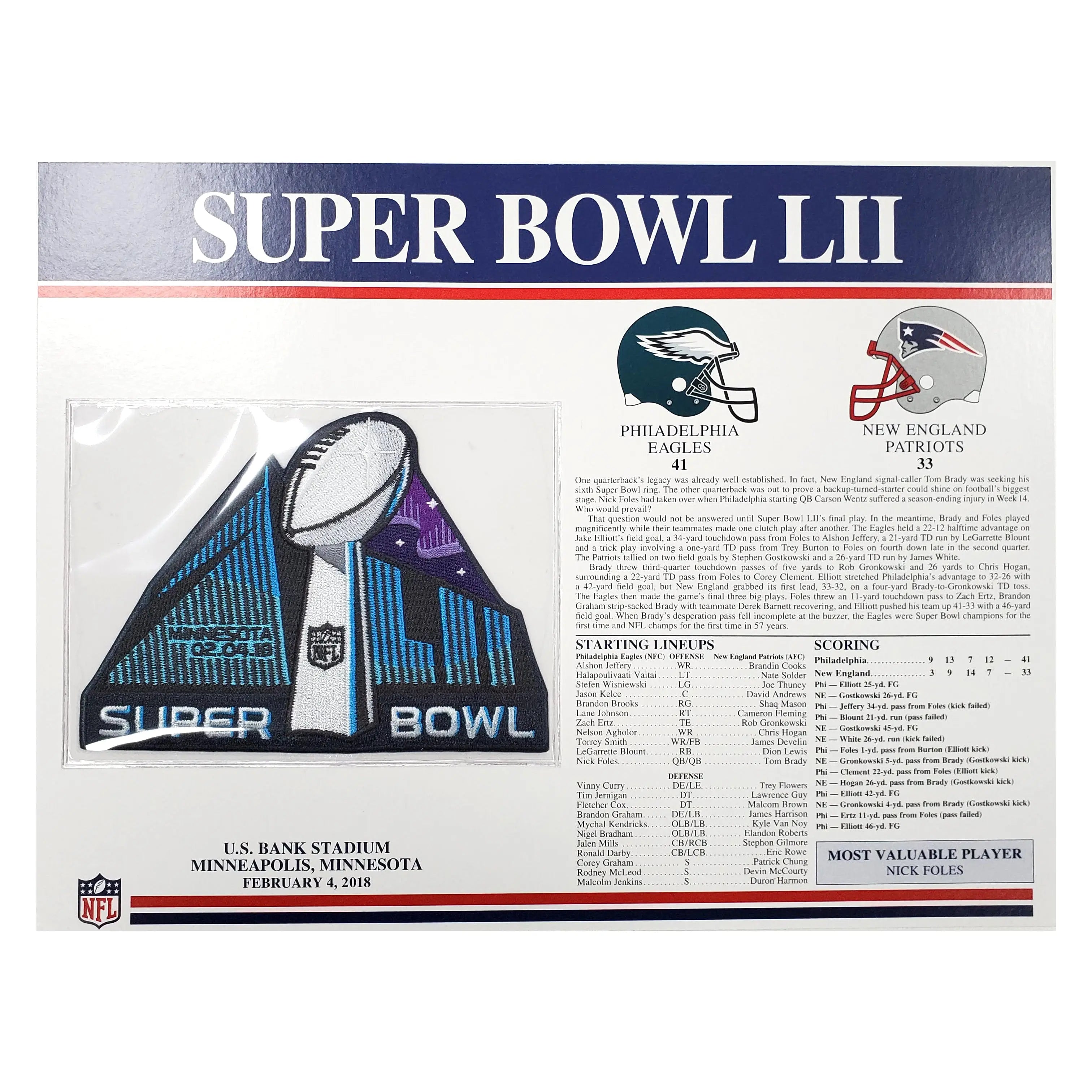 2018 NFL Super Bowl 52 LII Willabee & Ward Patch Philadelphia Eagles Vs. New England Patriots