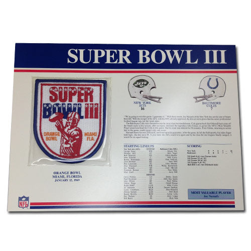 1969 NFL Super Bowl III Logo Willabee & Ward Patch With Header Board (Baltimore Colts vs. New York Jets) 
