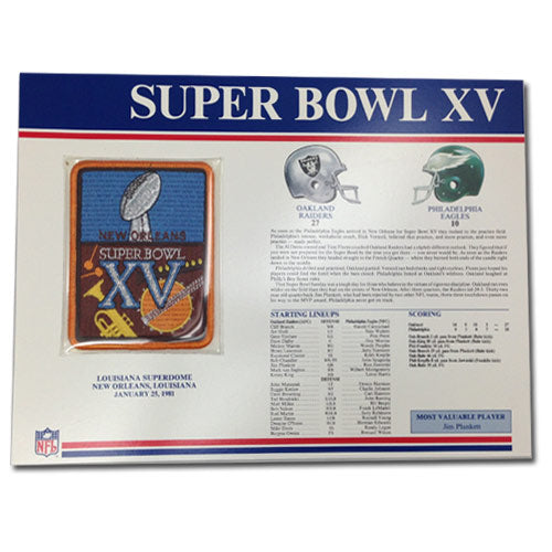 1981 NFL Super Bowl XV Logo Willabee & Ward Patch With Header Board (Oakland Raiders vs. Philadelphia Eagles)