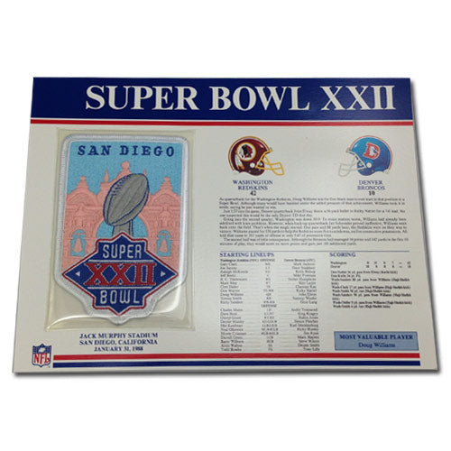 1988 NFL Super Bowl XXII Logo Willabee & Ward Patch With Header Board  (Denver Broncos vs. Washington Redskins) – Patch Collection