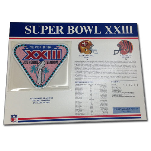 1989 NFL Super Bowl XXIII Logo Willabee & Ward Patch With Header Board  (Cincinnati Bengals vs. San Francisco 49ers) – Patch Collection