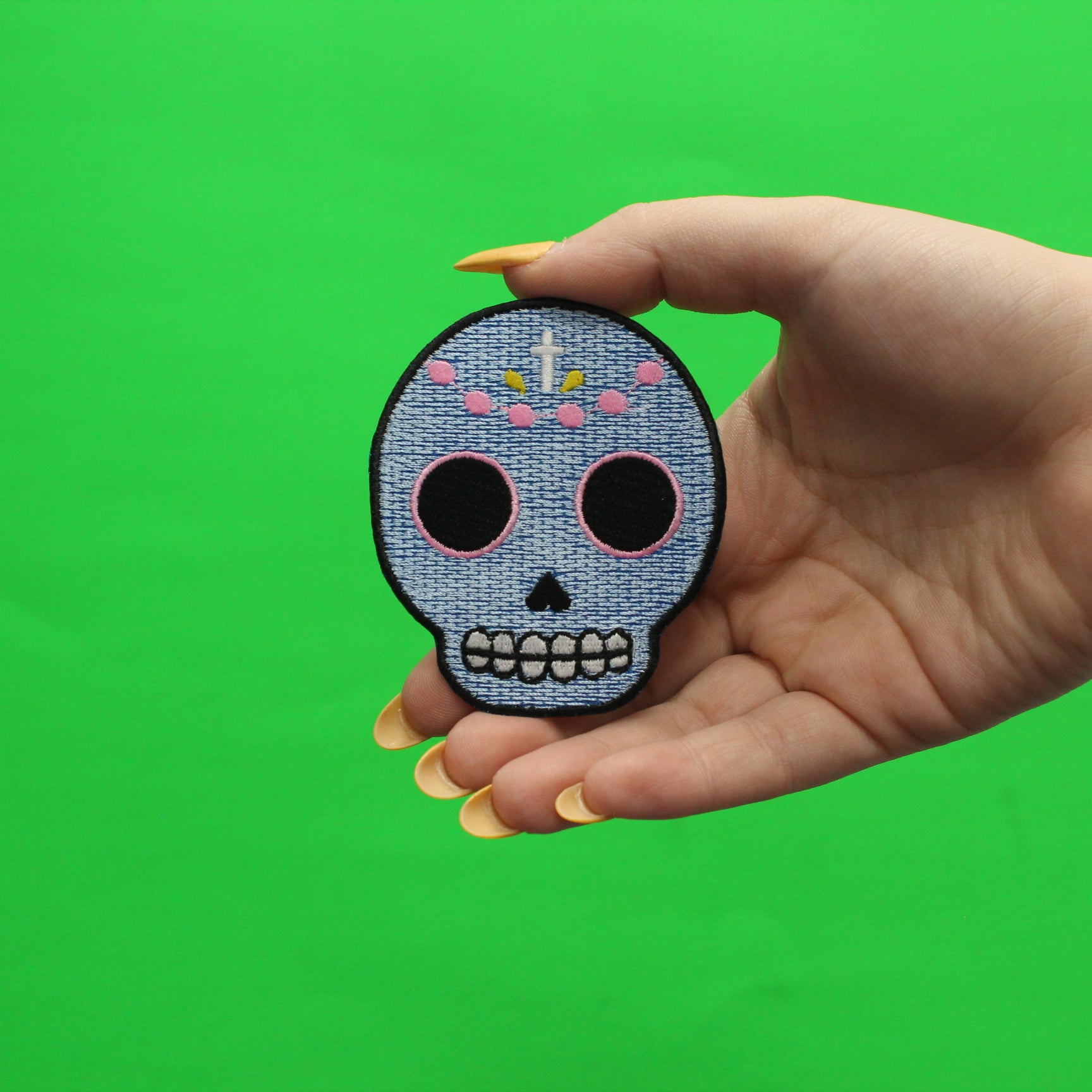 Light Blue Sugar Skull Iron On Embroidered Patch 