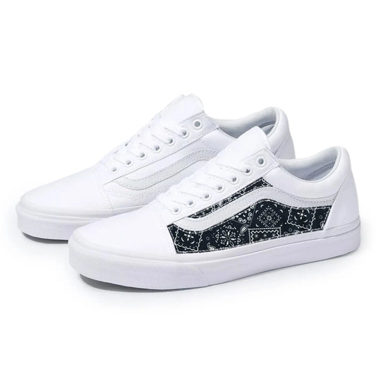 Vans White Old Skool x Black Bandana Pattern Custom Handmade Shoes By Patch Collection