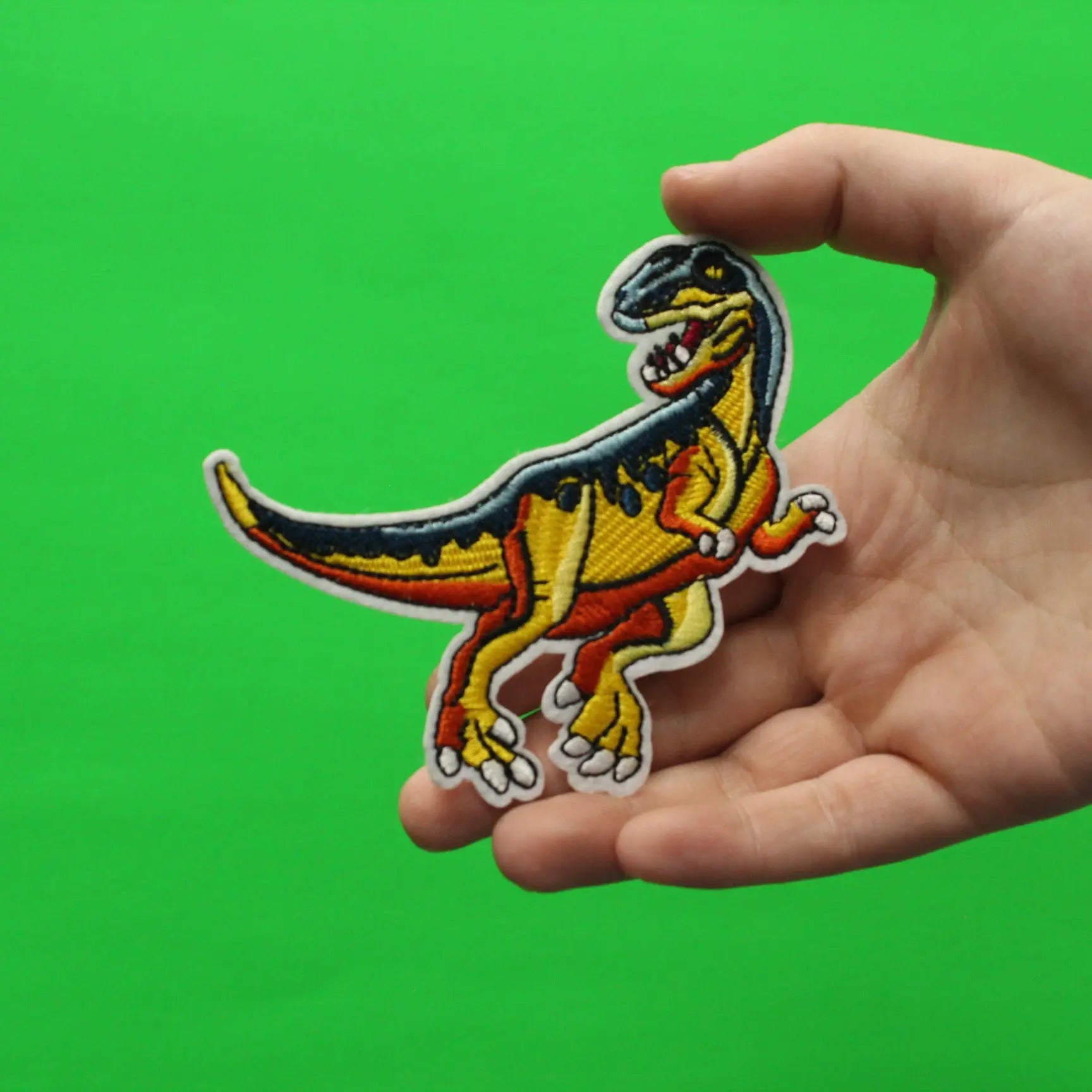 Velociraptor Standing Yellow And Blue Dinosaur Embroidered Iron On Patch