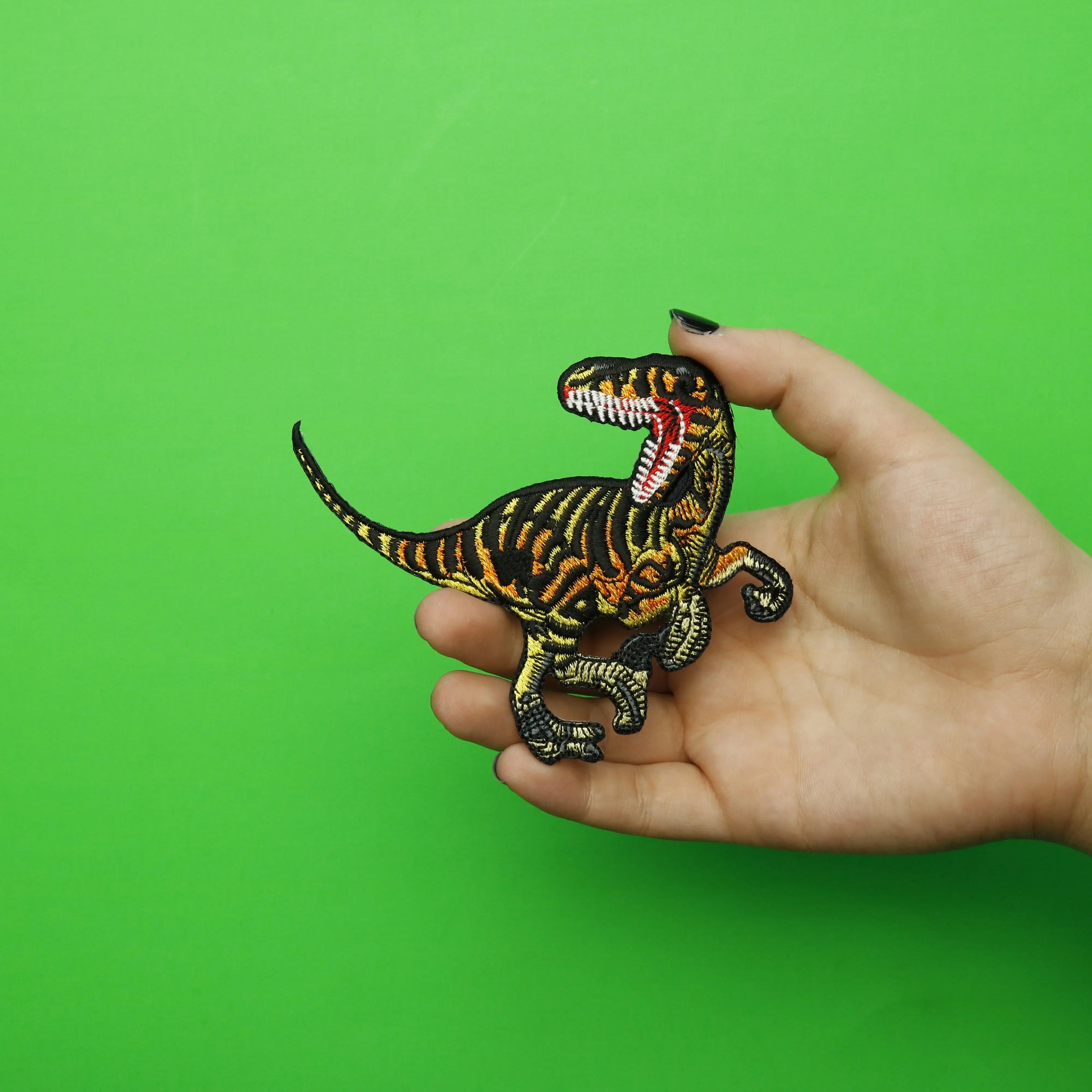 Velociraptor Striped Dinosaur Embroidered Iron on Patch