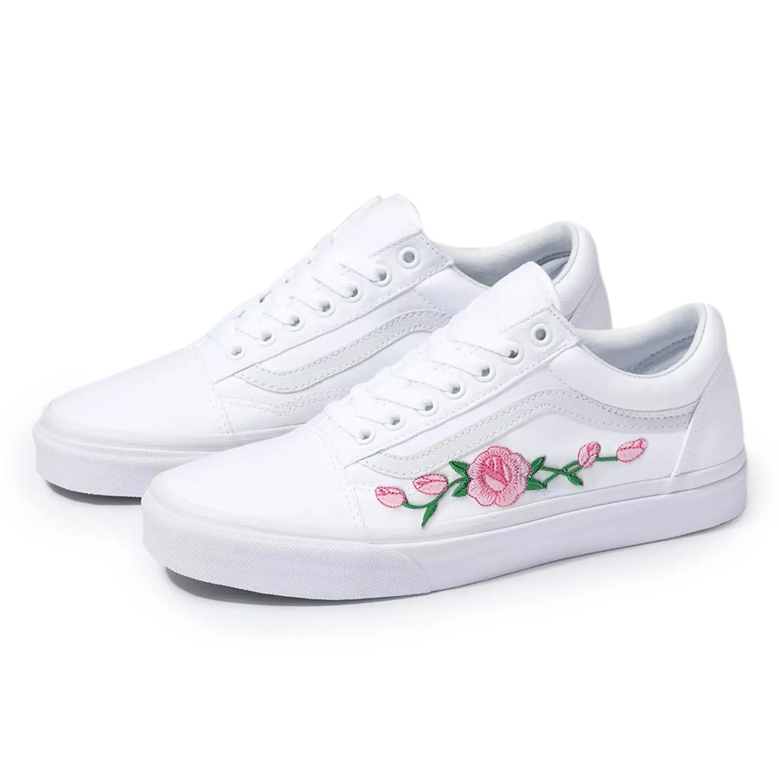 Vans White Old Skool Pink Rose Custom Handmade Shoes By Patch Collection