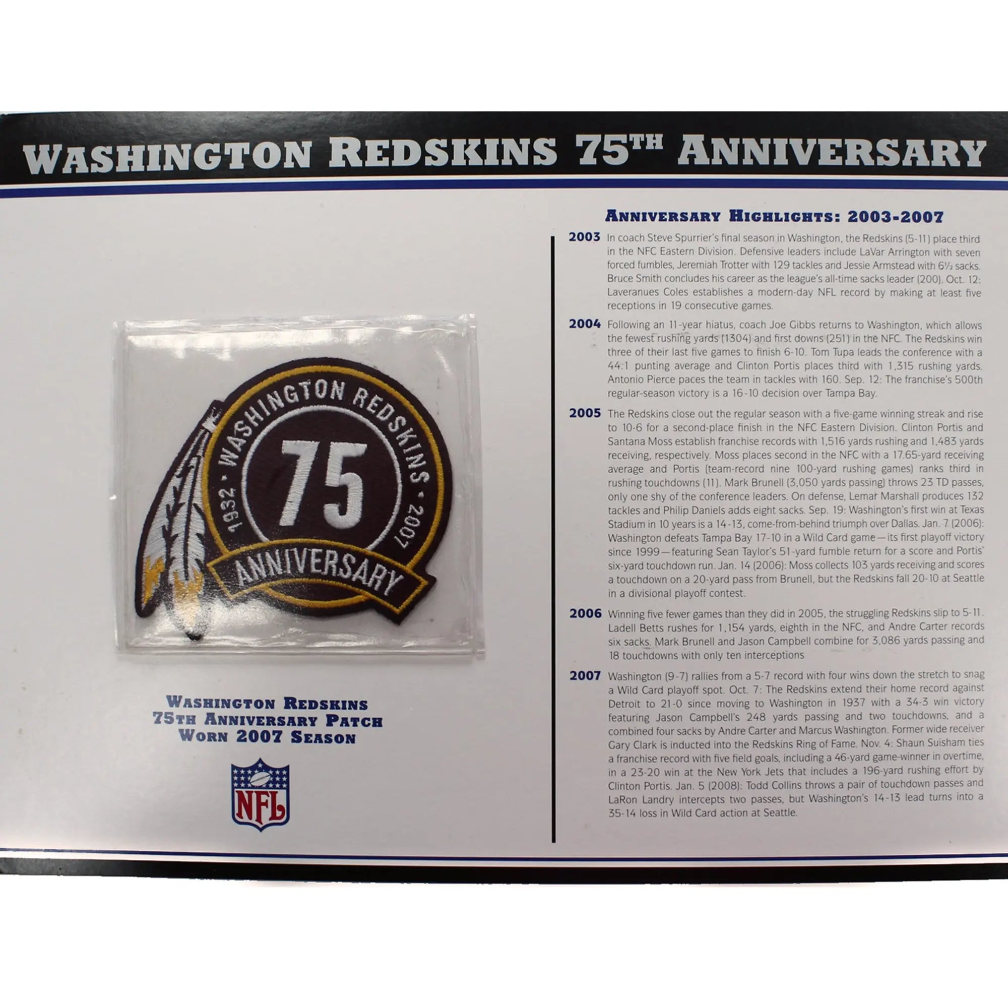Washington Redskins 75th Anniversary Willabee & Ward Patch With Stat Card