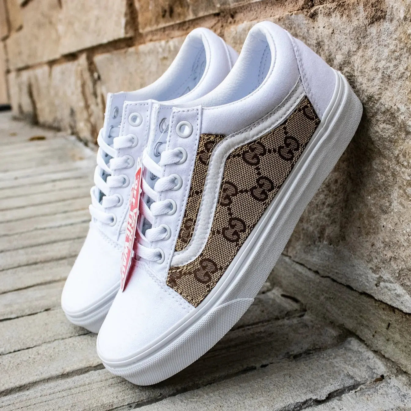 Vans White Old Skool x Authentic GG Fabric Custom Chaussures