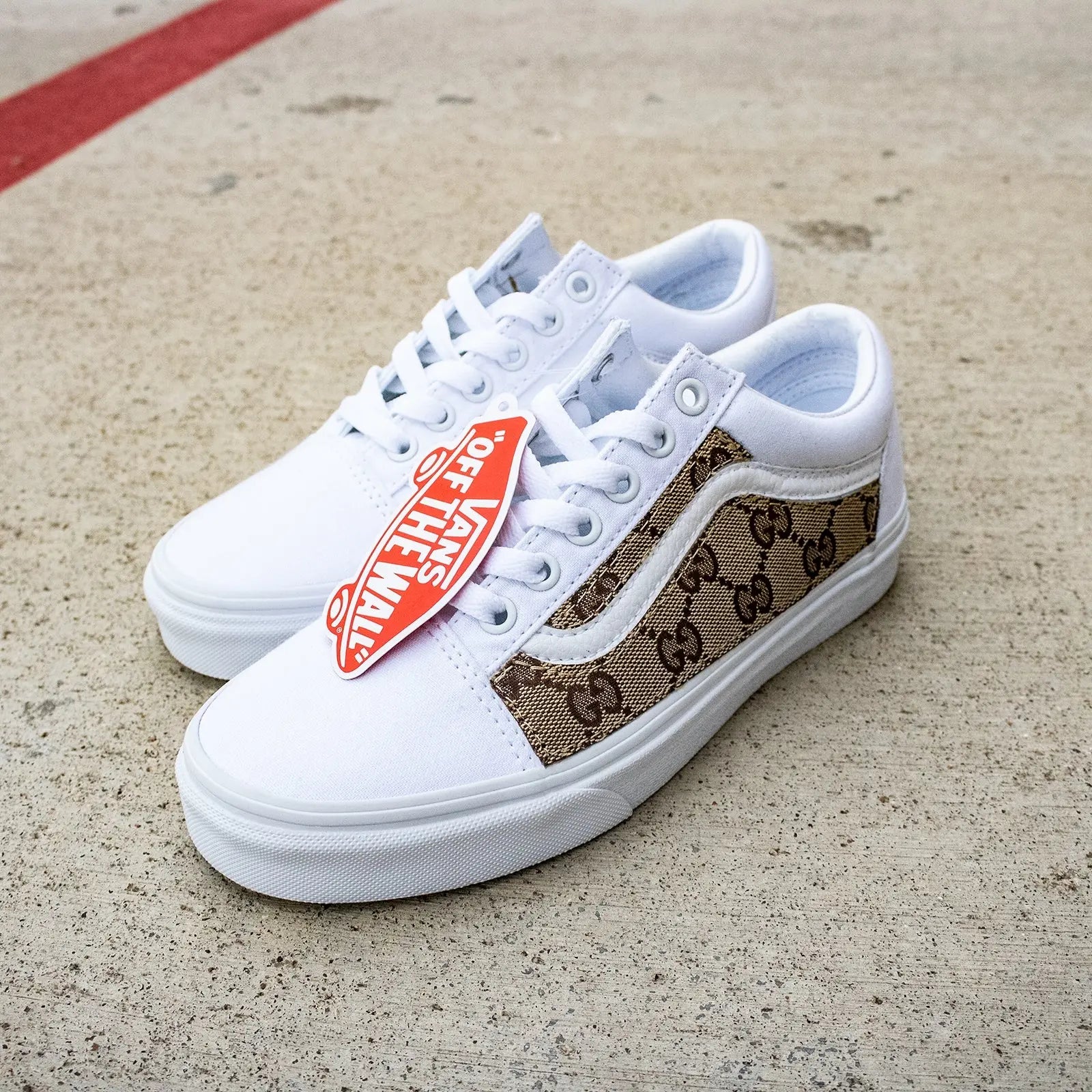 Vans White Old Skool x Authentic GG Fabric Custom Handmade Shoes By Patch Collection 