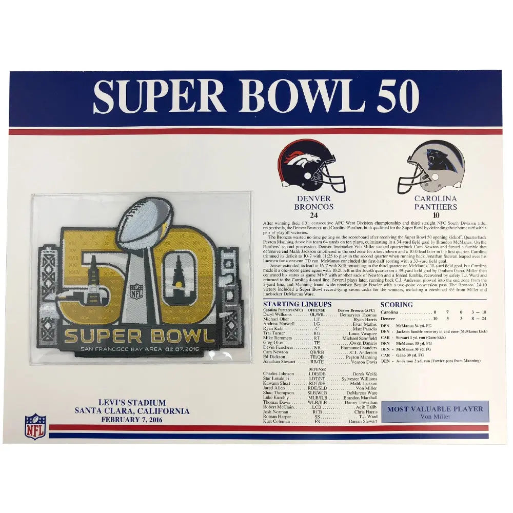 2016 NFL Super Bowl 50 Willabee & Ward Patch Denver Broncos Vs. Carolina Panthers