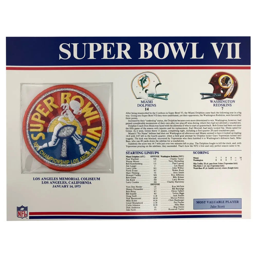1973 NFL Super Bowl VII Logo Willabee & Ward Stat Card Patch