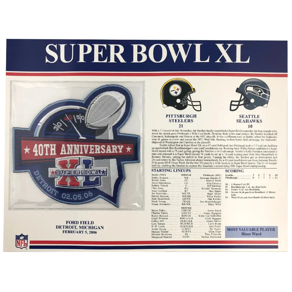 2006 NFL Super Bowl XL Logo Willabee & Ward Patch Stat Card (Pittsburgh Steelers vs. Seattle Seahawks)