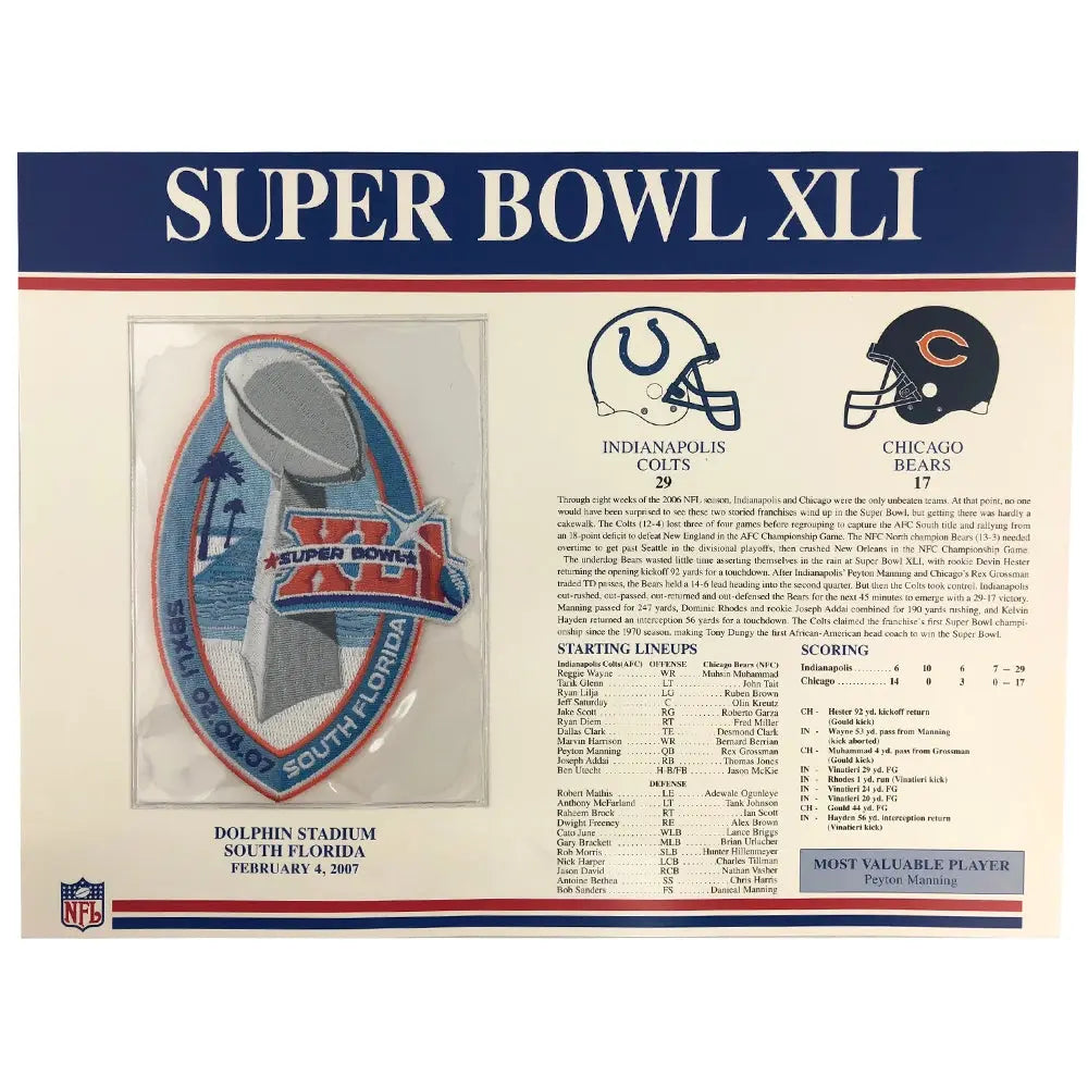 Commemorative Super Bowl XLI Score Card With Patch: Colts vs