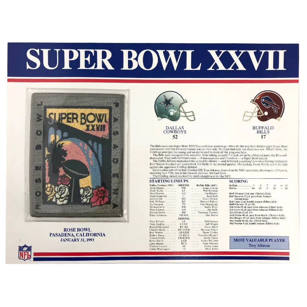 1993 NFL Super Bowl XXVII Logo Willabee & Ward Patch Stat Card Buffalo Bills vs. Dallas Cowboys