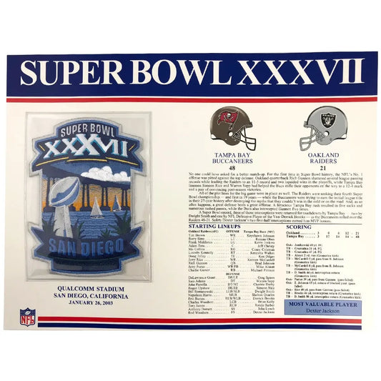 2003 NFL Super Bowl XXXVII Willabee & Ward Patch & Stat Card (Oakland Raiders vs. Tampa Bay Buccaneers) 