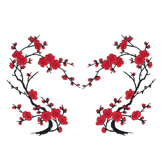 Red Cherry Blossom Flowers Set of Two Embroidered Iron on Patches 