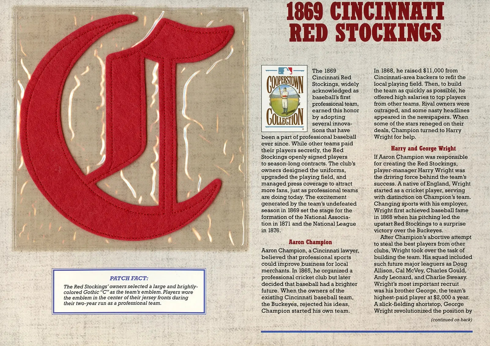 1869 Cincinnati Red Stockings Willabee & Ward Patch With Stat Card