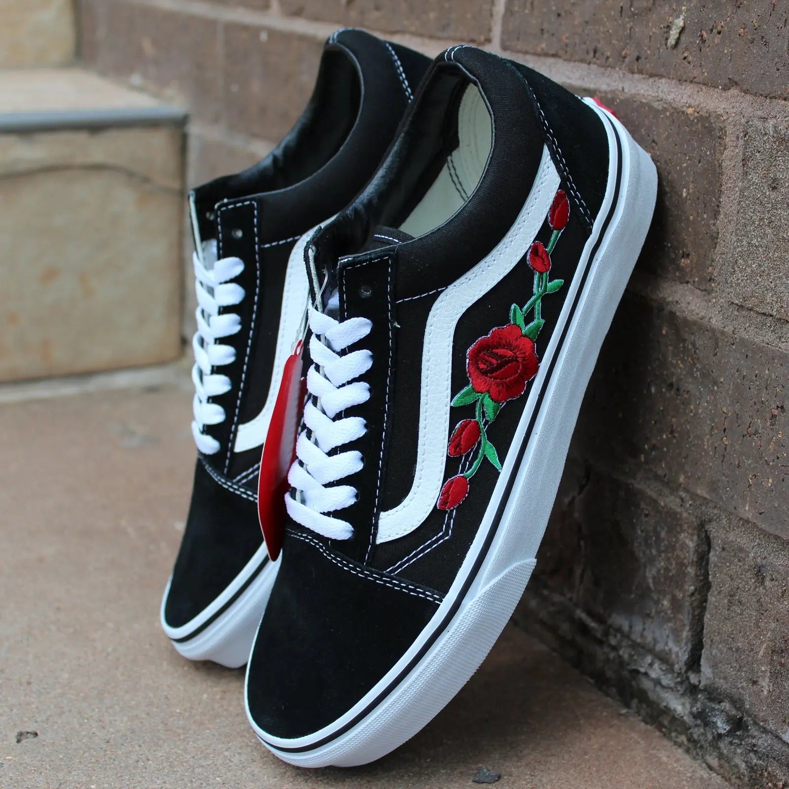 Vans Black Old Skool Red Rose Custom Handmade Shoes By Patch Collection 