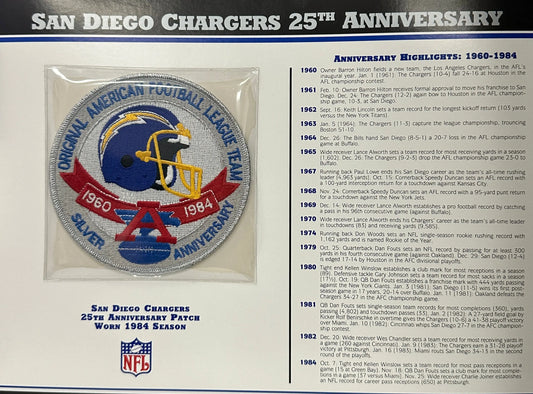 1984 San Diego Chargers 25th Anniversary Willabee & Ward Patch With Stat Card