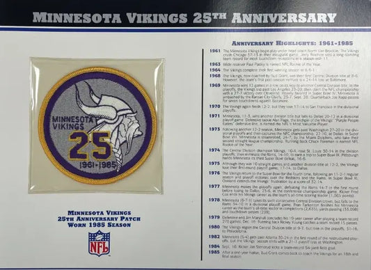 1985 Minnesota Vikings 25th Anniversary Willabee & Ward Patch With Stat Card