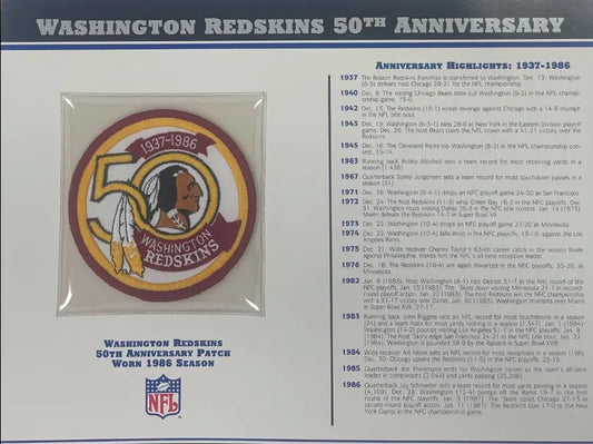 1986 Washington Redskins 50th Anniversary Willabee & Ward Patch With Stat Card