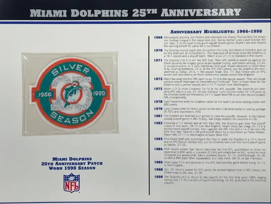1990 Miami Dolphins 25th Anniversary Willabee & Ward Patch With Stat Card