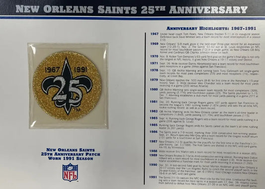 1991 New Orleans Saints 25th Anniversary Willabee & Ward Patch With Stat Card