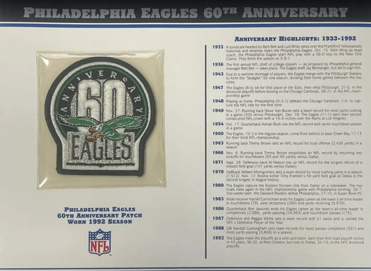 1992 Philadelphia Eagles 60th Anniversary Willabee & Ward Patch With Stat Card