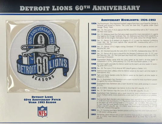 1993 Detroit Lions 60th Anniversary Willabee & Ward Patch With Stat Card