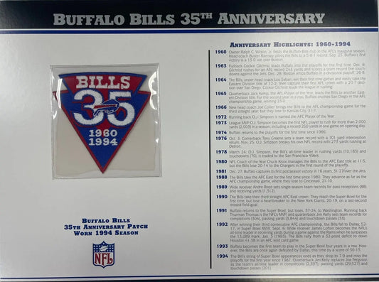 1994 Buffalo Bills 35th Anniversary Willabee & Ward Patch With Stat Card