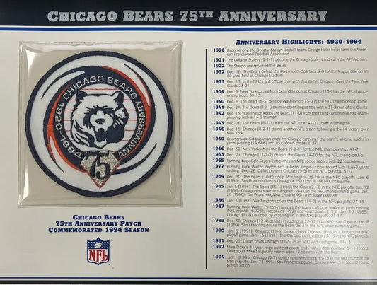 1994 Chicago Bears 75th Anniversary Willabee & Ward Patch With Stat Card
