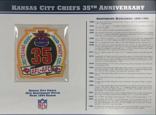 1994 Kansas City Chiefs 35th Anniversary Willabee & Ward Patch With Stat Card