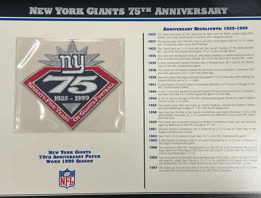 1999 New York Giants 75th Anniversary Willabee & Ward Patch With Stat Card