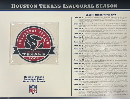 2002 Houston Texans Inaugural Season Willabee & Ward Patch With Stat Card