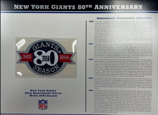 2004 New York Giants 80th Anniversary Willabee & Ward Patch With Stat Card