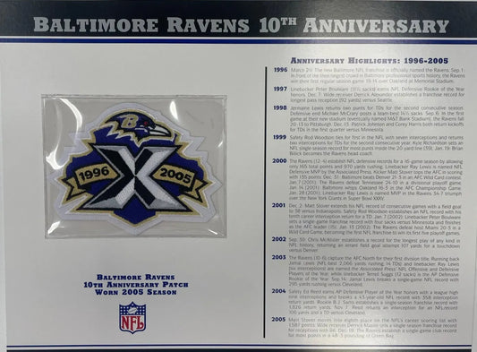 2005 Baltimore Ravens 10th Anniversary Willabee & Ward Patch With Stat Card