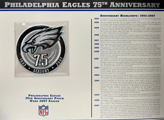 2007 Philadelphia Eagles 75th Anniversary Willabee & Ward Patch With Stat Card