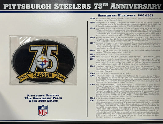 2007 Pittsburgh Steelers 75th Anniversary Willabee & Ward Patch With Stat Card