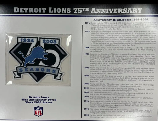 2008 Detroit Lions 75th Anniversary Willabee & Ward Patch With Stat Card