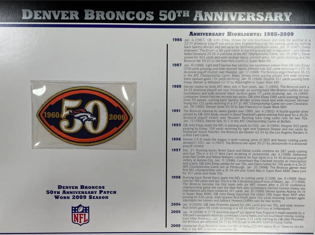 2009 Denver Broncos 50th Anniversary Willabee & Ward Patch With Stat Card