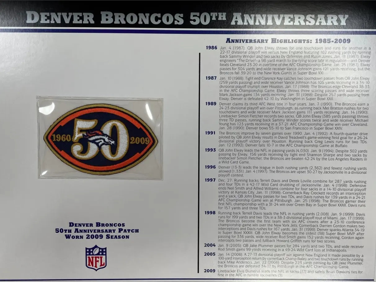 2009 Denver Broncos 50th Anniversary Willabee & Ward Patch With Stat Card