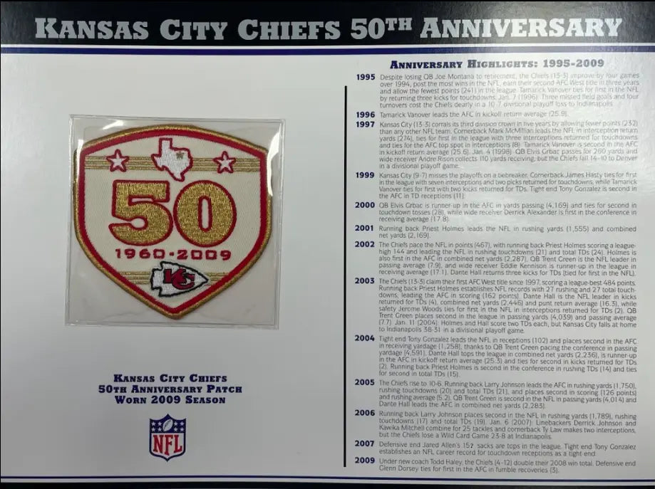 Écusson Willabee &amp; Ward du 50e anniversaire des Chiefs de Kansas City 2009 avec carte de statistiques