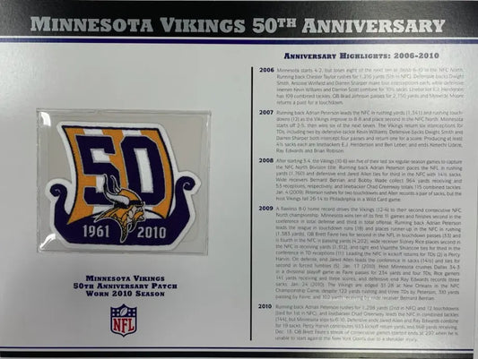 2010 Minnesota Vikings 50th Anniversary Willabee & Ward Patch With Stat Card