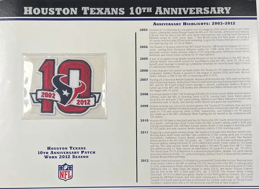 2012 Houston Texans 10th Anniversary Willabee & Ward Patch With Stat Card