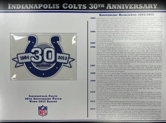 2013 Indianapolis Colts 30th Anniversary Willabee & Ward Patch With Stat Card