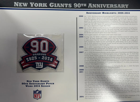2014 New York Giants 90th Anniversary Willabee & Ward Patch With Stat Card