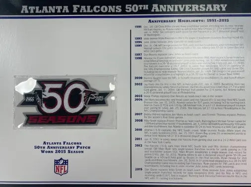2015 Atlanta Falcons 50th Anniversary Willabee & Ward Patch With Stat Card